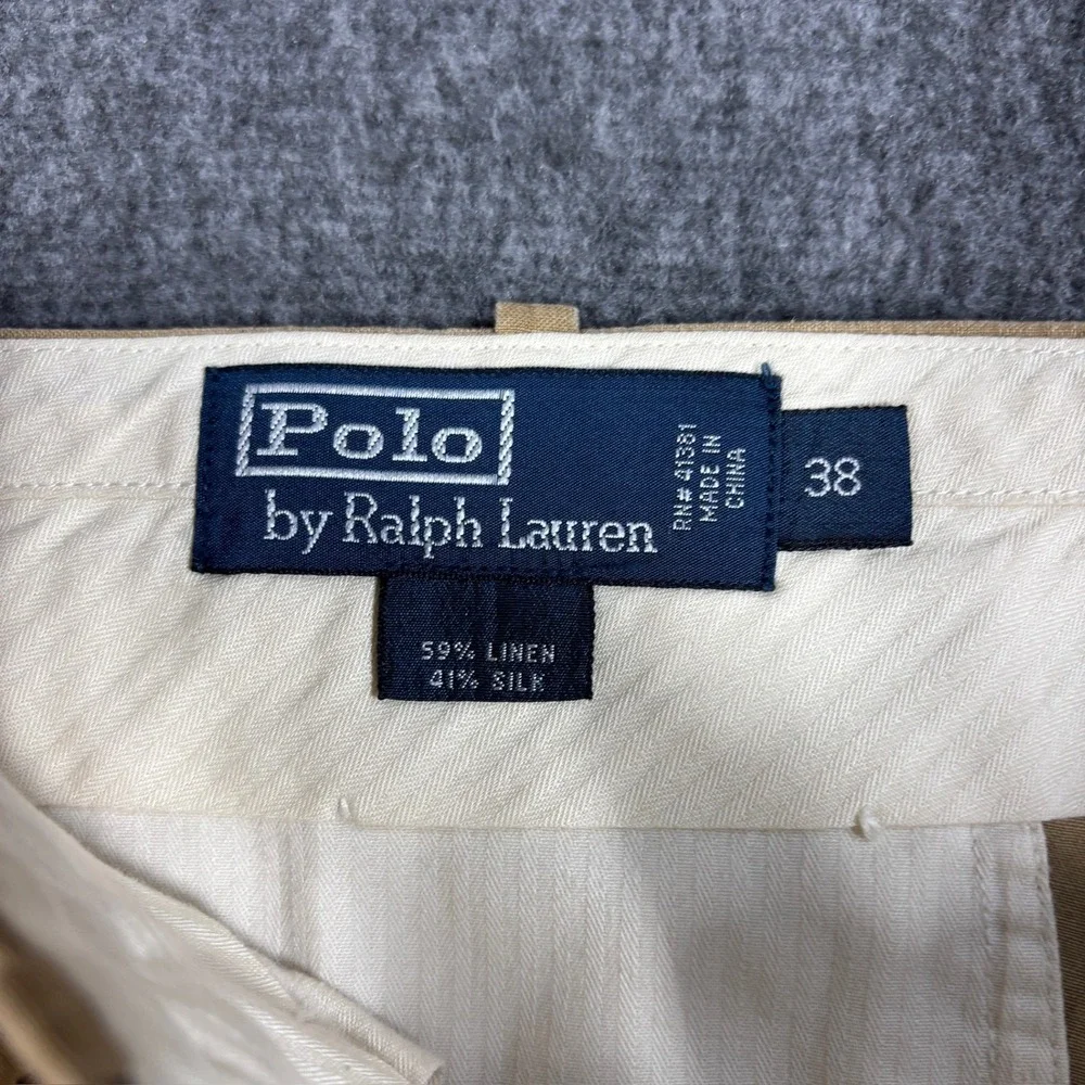 Polo Ralph Lauren Mens 38X30 Tan Linen Silk Pleated Cuffed Dress Pants Trousers